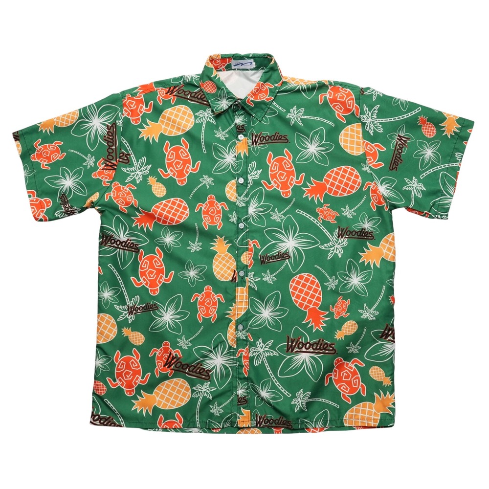 BWM Global Button Up Mens XL Green Woodies Tropical Turtle Pineapple Shirt
